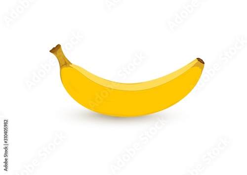 Vector cartoon yellow banana with shadow isolated on white background. Exotic, tropical fruit. Yellow banana for design, menu, shop, summer template, card, poster.