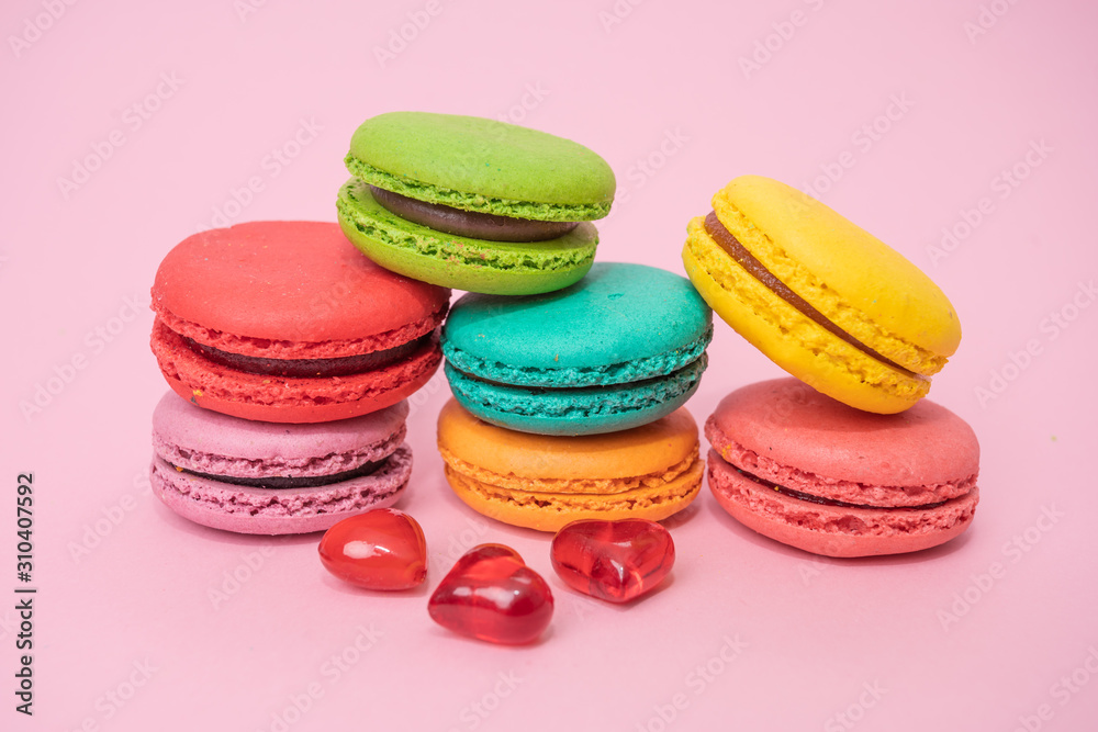 French Colorful Macarons on Pink Background French Colorful Macarons on Pink Background