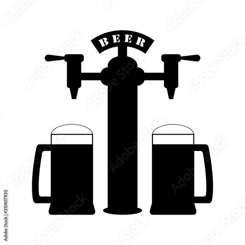 Beer dispenser and tap with beer mugs. Text and letters beer. Black silhouette of beer pump. Vector illustration.