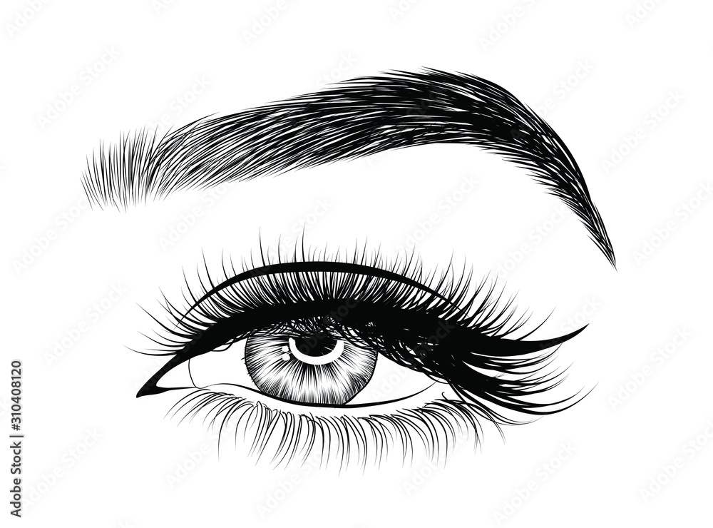 Fashion illustration of the eye with long full lashes. Hand drawn vector idea for business visit cards, templates, web, salon banners,brochures. Natural eyebrows and modern makeup Fashion illustration of the eye with long full lashes. Hand drawn vector idea for business visit cards, templates, web, salon banners,brochures. Natural eyebrows and modern makeup