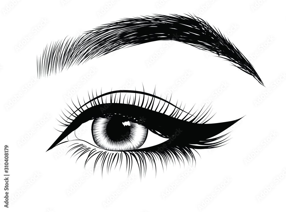Fashion illustration of the eye with long full lashes. Hand drawn vector idea for business visit cards, templates, web, salon banners,brochures. Natural eyebrows and modern makeup Fashion illustration of the eye with long full lashes. Hand drawn vector idea for business visit cards, templates, web, salon banners,brochures. Natural eyebrows and modern makeup