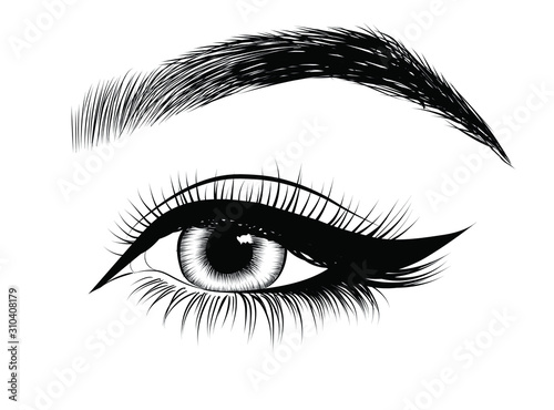  Fashion illustration of the eye with long full lashes. Hand drawn vector idea for business visit cards, templates, web, salon banners,brochures. Natural eyebrows and modern makeup