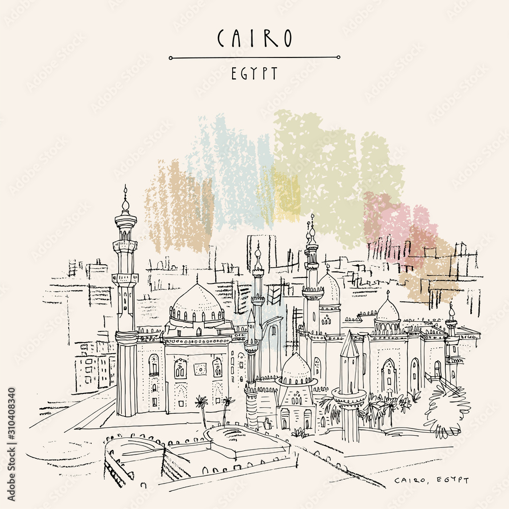 Cairo, Egypt, North Africa. Mosque of Al Rifai and Madrassa of Sultan Hassan near the Saladin Citadel (Cairo Citadel). Travel sketched poster, postcard. Artistic hand drawing