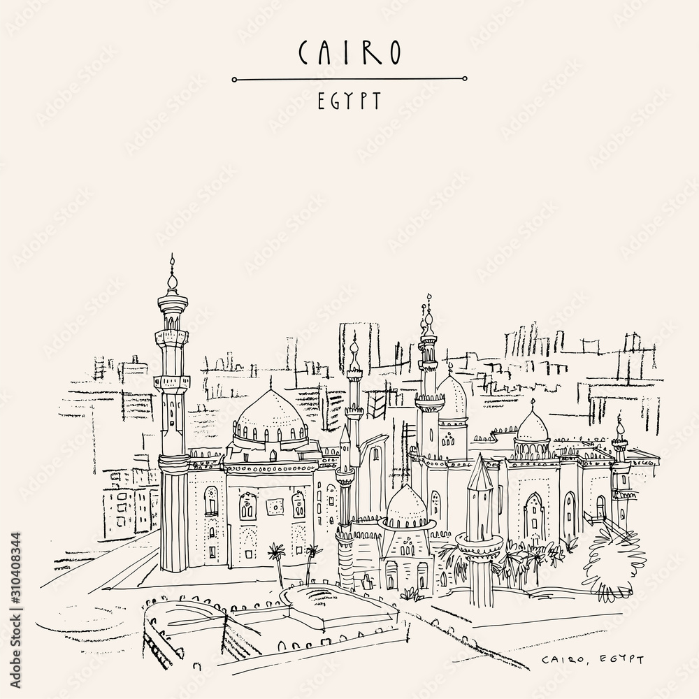 Cairo, Egypt, North Africa. Mosque of Al Rifai and Madrassa of Sultan Hassan near the Saladin Citadel (Cairo Citadel). Travel sketched poster, postcard. Artistic hand drawing