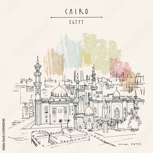 Cairo, Egypt, North Africa. Mosque of Al Rifai and Madrassa of Sultan Hassan near the Saladin Citadel (Cairo Citadel). Travel sketched poster, postcard. Artistic hand drawing