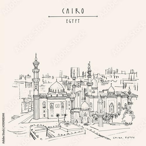 Cairo, Egypt, North Africa. Mosque of Al Rifai and Madrassa of Sultan Hassan near the Saladin Citadel (Cairo Citadel). Travel sketched poster, postcard. Artistic hand drawing