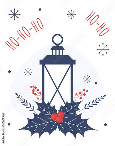 Christmas card with old lantern and holly branch. Vector flat concept for greeting cards, banners, flyers.