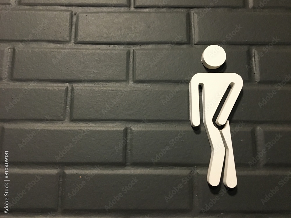Men restroom pictograms. Funny toilet signing on black brick wall,  desperate pee man wc icons, fun bathroom door signs, humor public washroom  urgent vector silhouette Stock Photo | Adobe Stock
