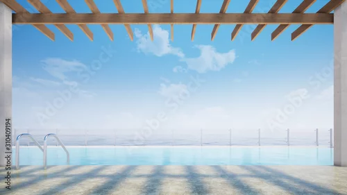 Obraz widok na morze i błękitne niebo, salon na plaży z basenem, renderowania 3d