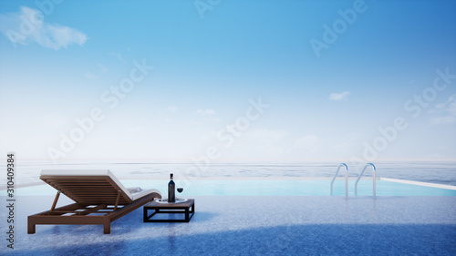 view of the sea and blue sky with swimming pool, 3d rendering 