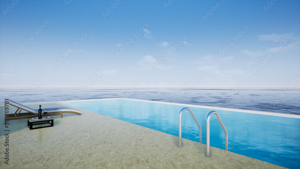 swimming pool in tropical resort near the sea, 3d rendering swimming pool in tropical resort near the sea, 3d rendering