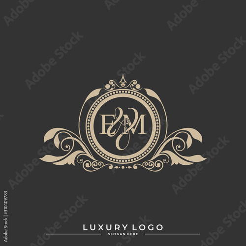 Logo Initial letter EM luxury vector mark, gold color classical symmetric curves decor. editable file eps10.
