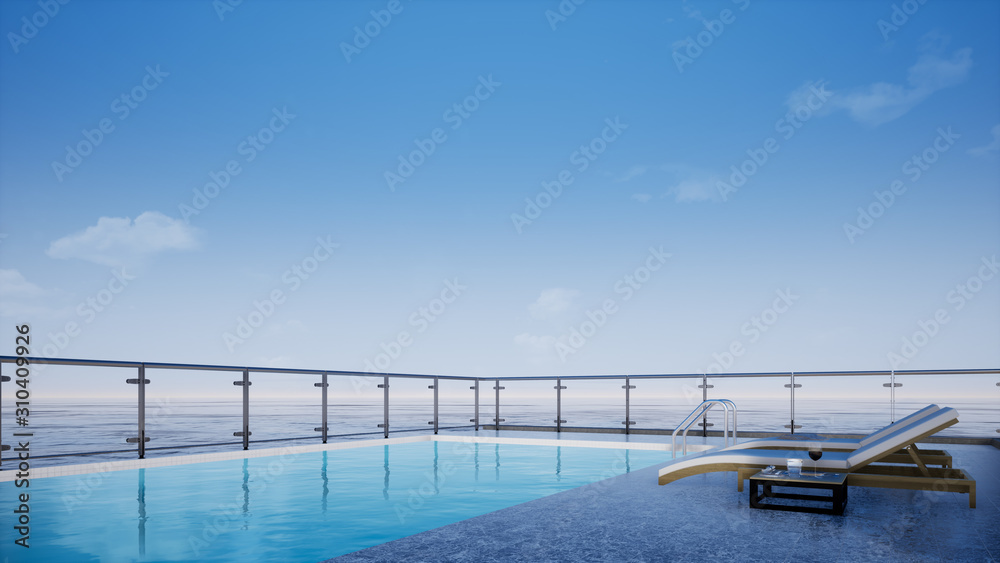 luxury swimming pool near the sea, 3d rendering luxury swimming pool near the sea, 3d rendering
