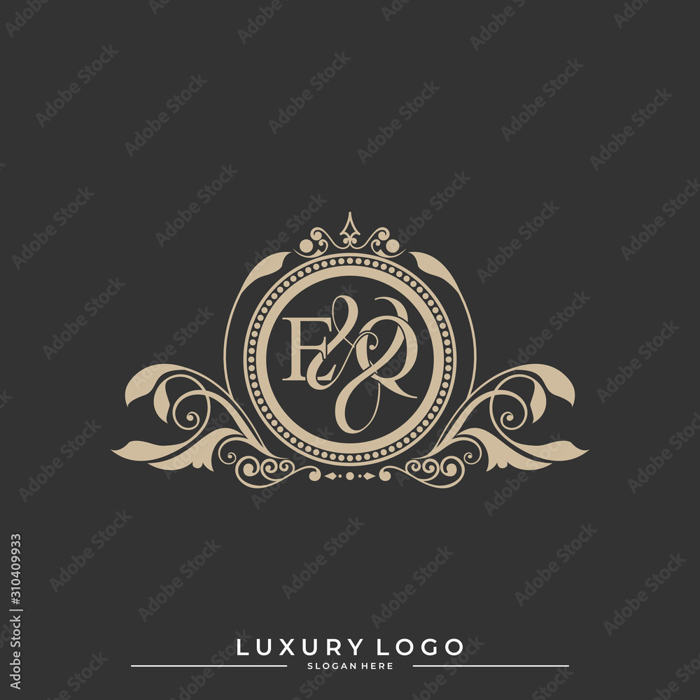 Logo Initial letter EQ luxury vector mark, gold color classical symmetric curves decor. editable file eps10. Logo Initial letter EQ luxury vector mark, gold color classical symmetric curves decor. editable file eps10.