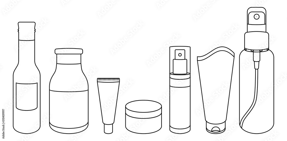 Vector illustration of cosmetic bottles. Outline drawing of package for cosmetic. Vector illustration of cosmetic bottles. Outline drawing of package for cosmetic.