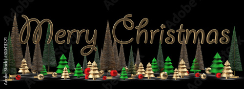 Christmas web headline with Christmas green and gold trees and red balls and gold balls on black background. Elements for Christmas design. 3d Rendering