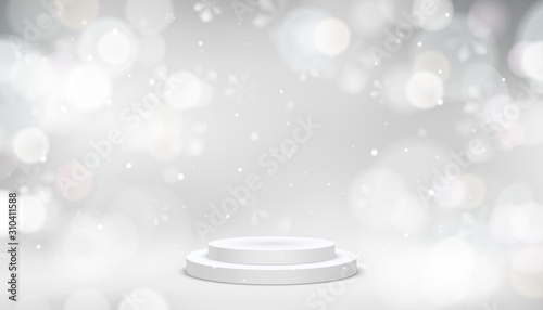 Winter white abstract background with snowflakes and product showcase stage vector template