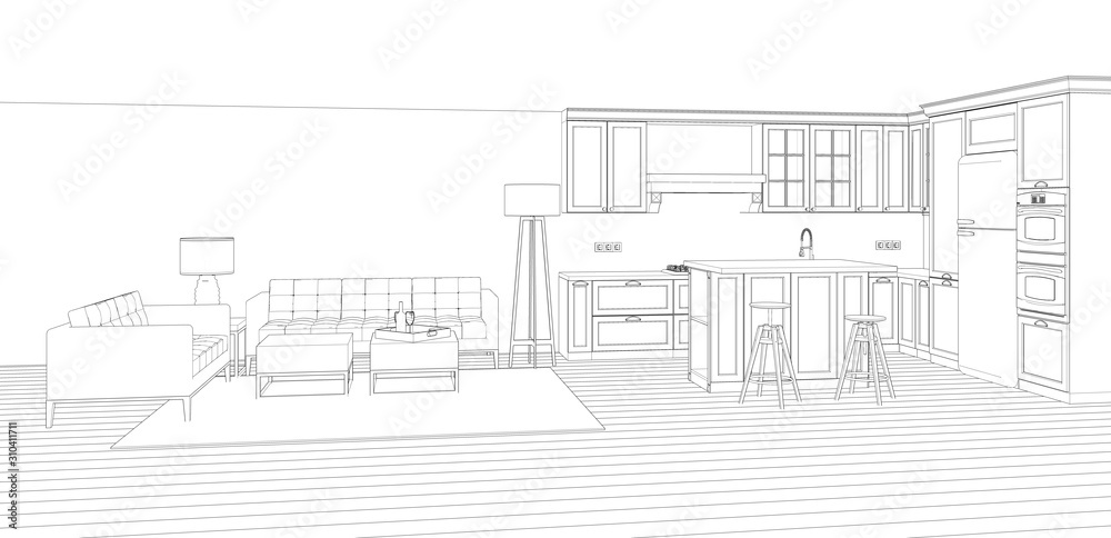 sketch of house interior with kitchen and lounge, 3d rendering background