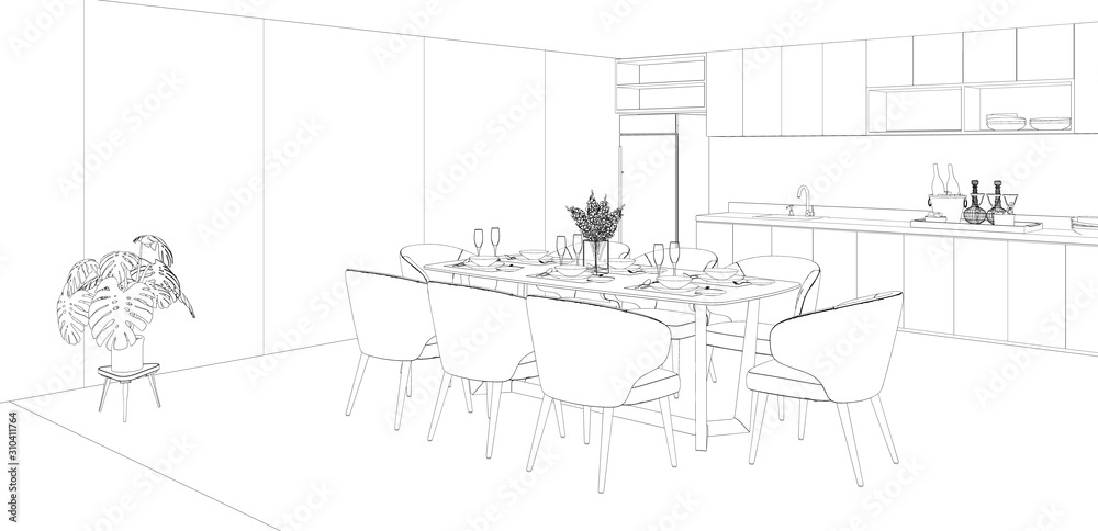 sketch of modern house with dining room and kitchen interior design, 3d rendering background