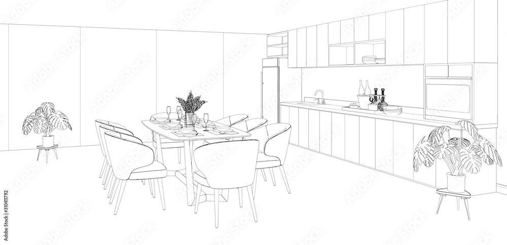 sketch of modern house interior with dining room and kitchen, 3d rendering background