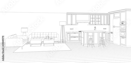 sketch of house interior with kitchen and lounge, 3d rendering background