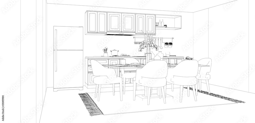 sketching house interior, dining room and kitchen, 3d render background
