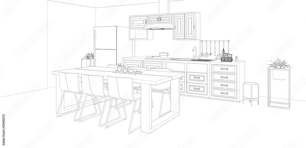 drawing interior of dining room and kitchen, 3d rendering background