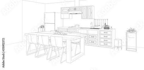 drawing interior of dining room and kitchen  3d rendering background