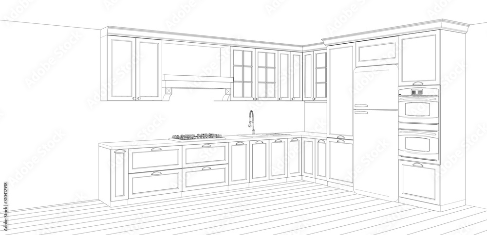 drawing of kitchen interior design, 3d rendering background