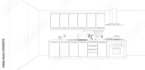 interior of modern kitchen, sketch drawing, 3d rendering