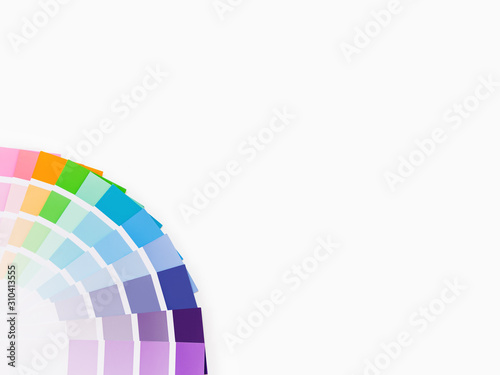 Rainbow color pallette on white background. Designer tool with copy space. Top view, flat lay.