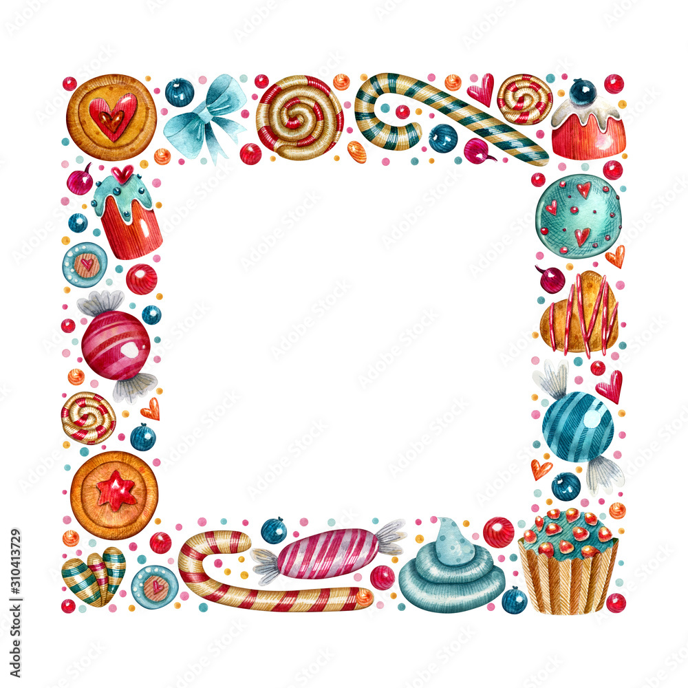 Watercolor frame with cookies, lollipops, confectionery and decor elements with space for text. Bright cartoon concept for invitations, posters, greeting cards and other designs.