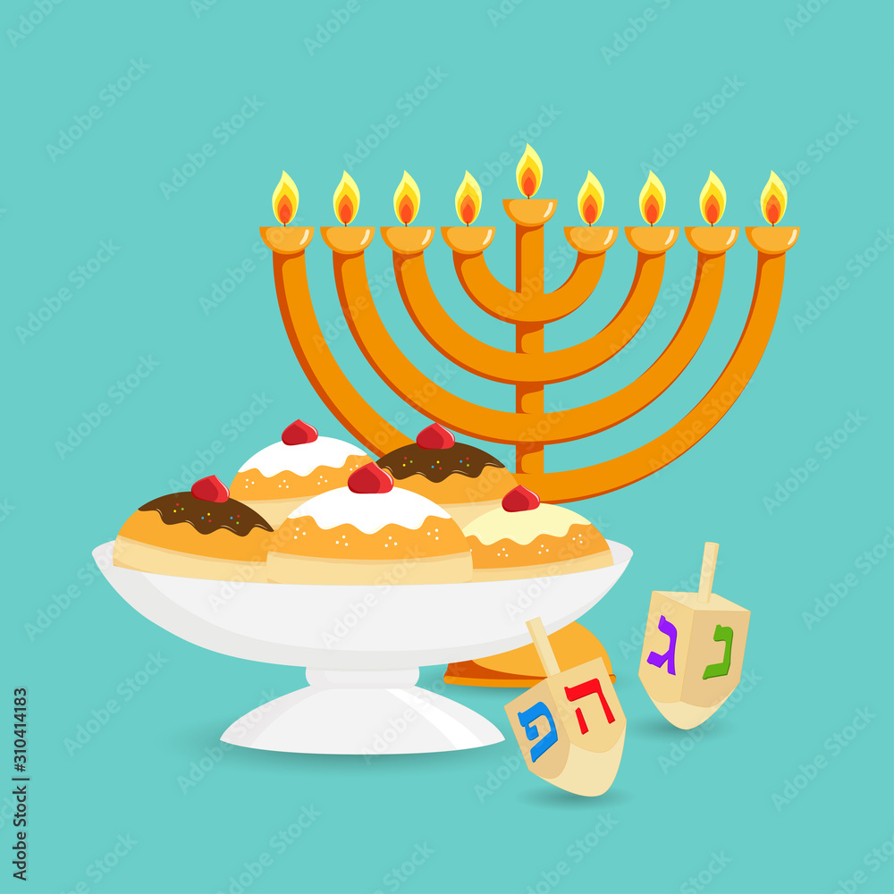 Samolepka Jewish holiday of Hanukkah, sufganiyot doughnuts and candelabrum
