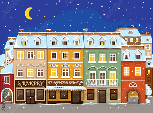 Good little winter night town. Vector Illustration