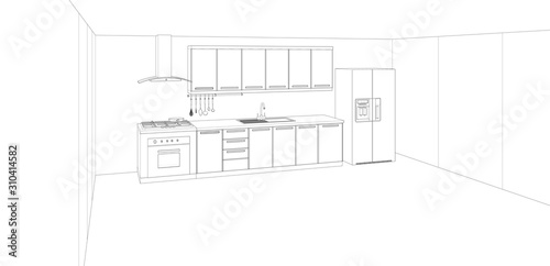 interior design of modern kitchen, sketch drawing, 3d rendering © CREATIVE WONDER