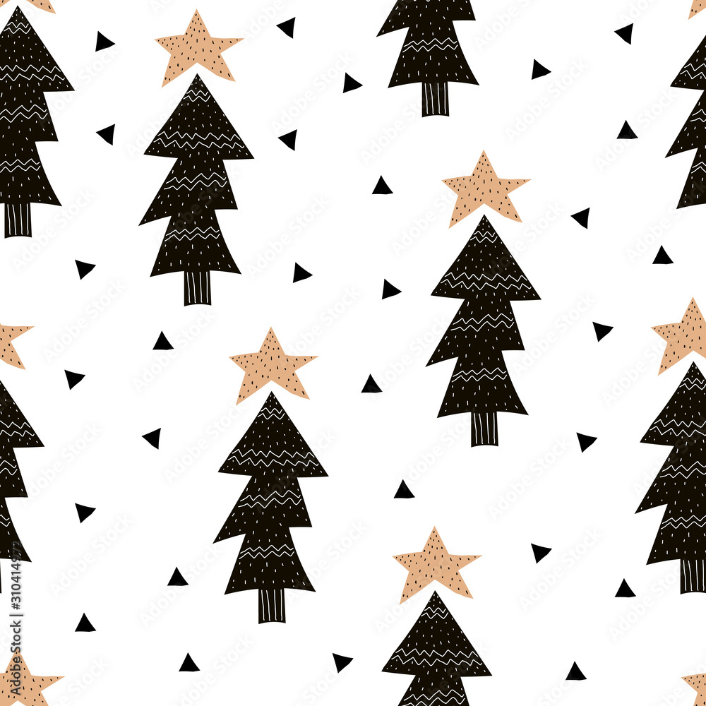Obraz premium seamless pattern with cartoon christmas trees, stars, decor elements. Festive simple flat vector. hand drawing. design for fabric, print, wrapper