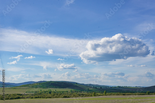 beautiful summer landscape forest and blue sky with clouds. grassy field and mountains. summer rural landscape with the horizon in the afternoon