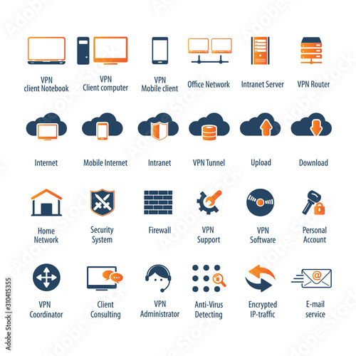 Virtual Private Network vector icons set. 24 VPN editable vector icons for video, mobile apps, Web sites and print projects.