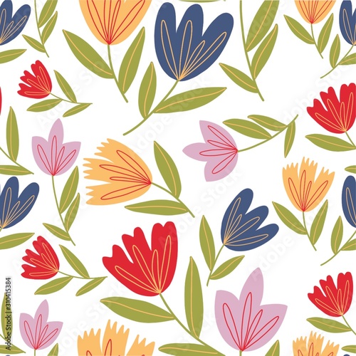 Floral pattern on a white background. Red, blue, pink, yellow flowers. For the design of wallpaper, packaging, textiles and print on clothes.