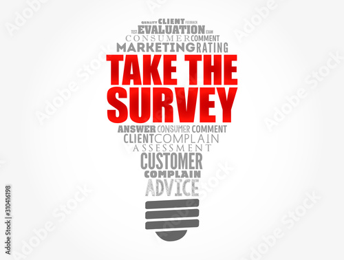 Take the Survey light bulb word cloud collage, business concept background