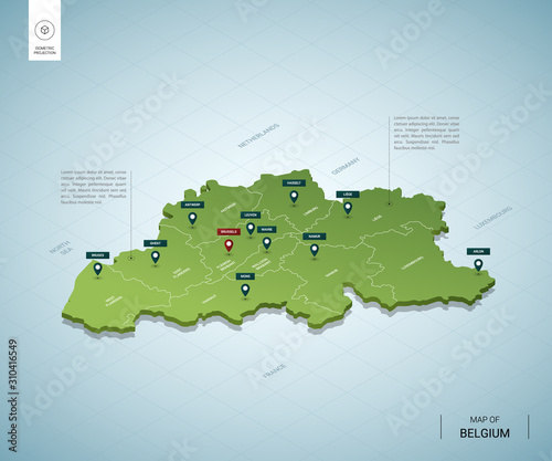 Stylized map of Belgium. Isometric 3D green map with cities, borders, capital Brussels, regions. Vector illustration. Editable layers clearly labeled. English language.