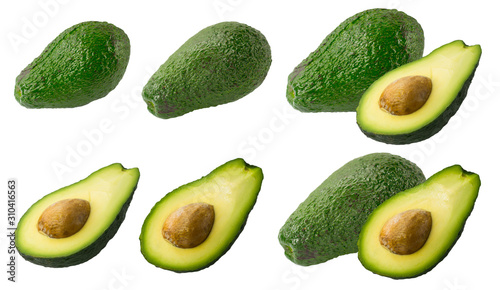 Set of green avocado isolated in white background