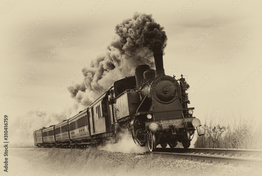 Fototapeta Vintage steam train. Old photo filter applied.