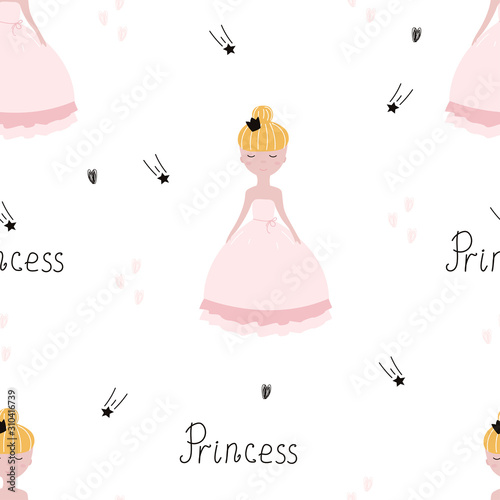 Seamless pattern with Princess on white background. Vector illustration for p...