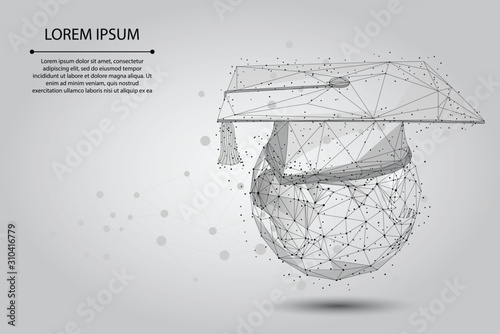 Abstract mash line and point graduation cap on planet Earth. Low poly E-learning distance graduate certificate program concept. Internet education course degree vector illustration