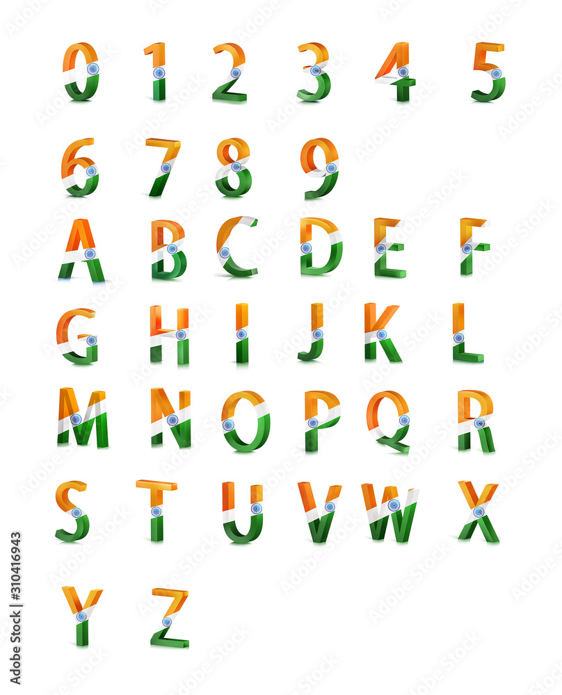 3D LETTERS WITH INDIA FLAG A TO Z AND 1 TO 0 illustration 3D LETTERS WITH INDIA FLAG A TO Z AND 1 TO 0 illustration
