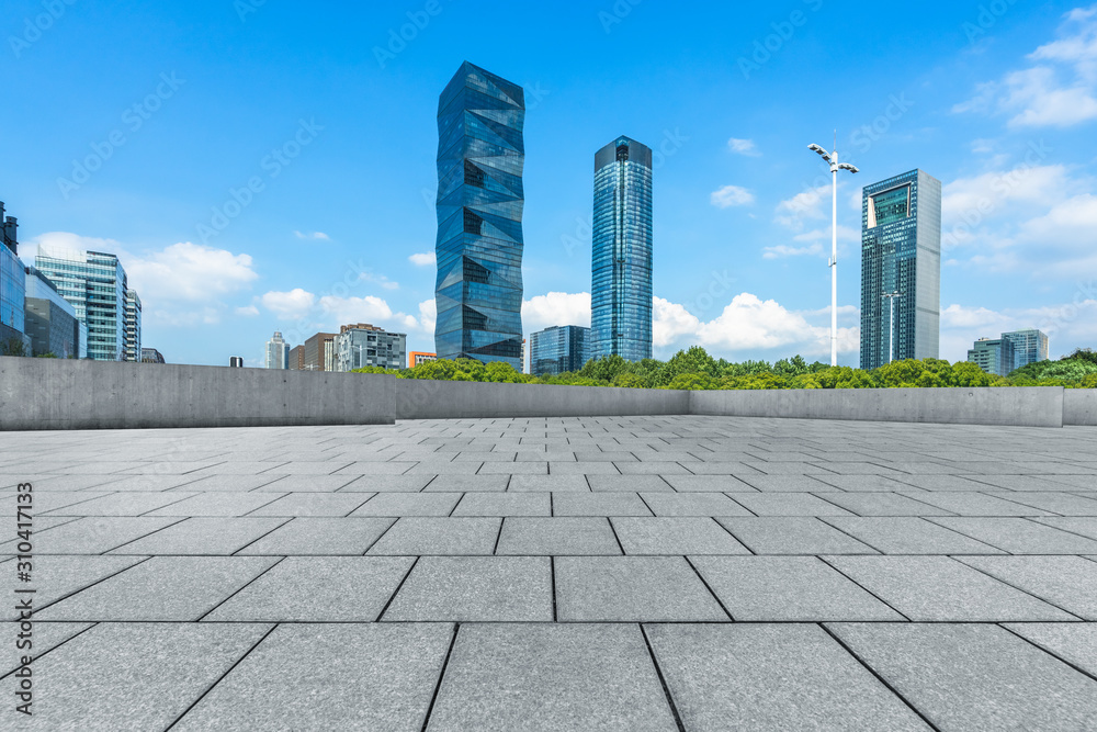 cityscape and skyline of nanjing in blue sky from empty floor