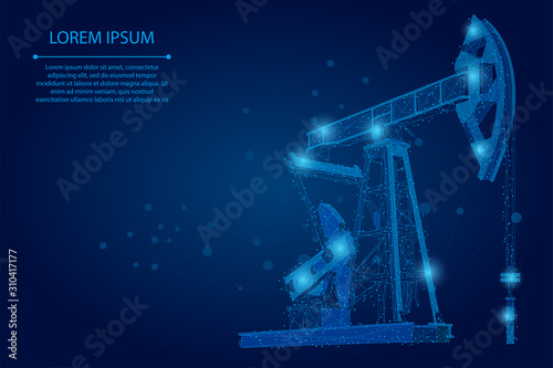 Abstract mash line and point oil well rig. Low poly petroleum fuel industry pumpjack derricks pumping drilling point vector illustration