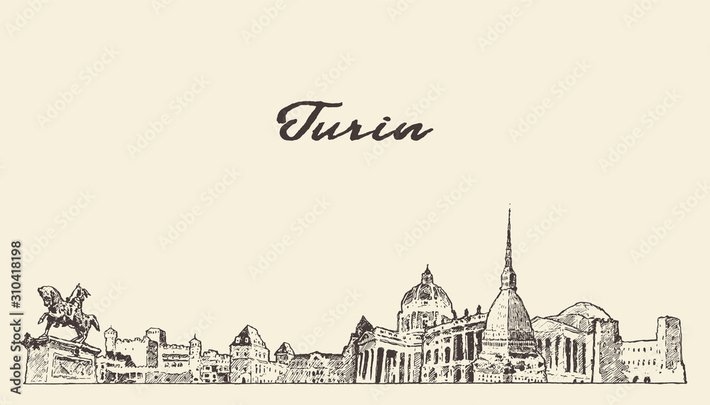 Turin skyline, Italy, hand drawn vector sketch
