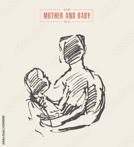 Mother holds baby in her arms drawn vector sketch